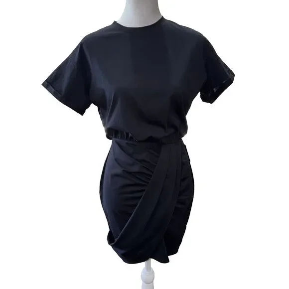 Express Black Ruched Draped Mini Dress NWT Small Stretch Bodycon Cocktail LBD - Picture 3 of 13